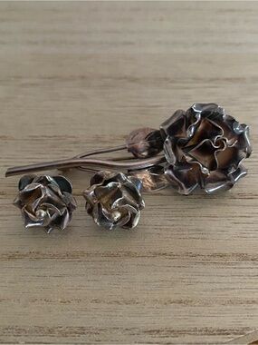 Vintage Taxco Mexican Sterling Silver Rose Brooch & Earrings Set